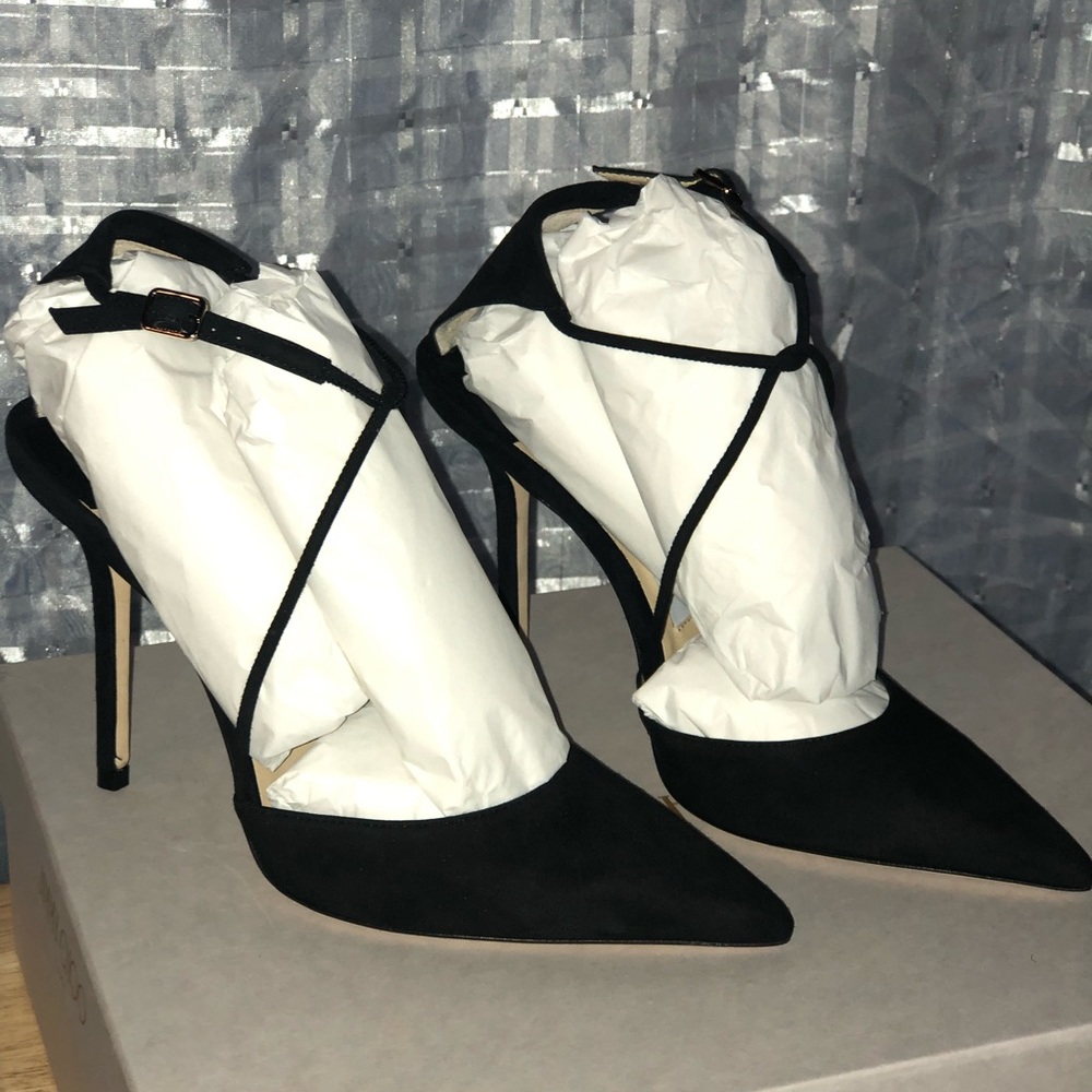 JIMMY CHOO Black Suede Pump with Ankle Strap